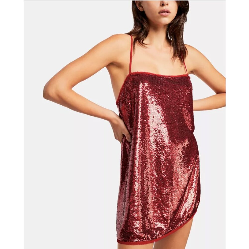 Free People Time To Shine Red Sequin Mini Slip Dress Women's Size XS